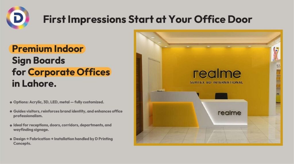 Indoor sign boards Lahore for corporate offices by D Printing Concepts