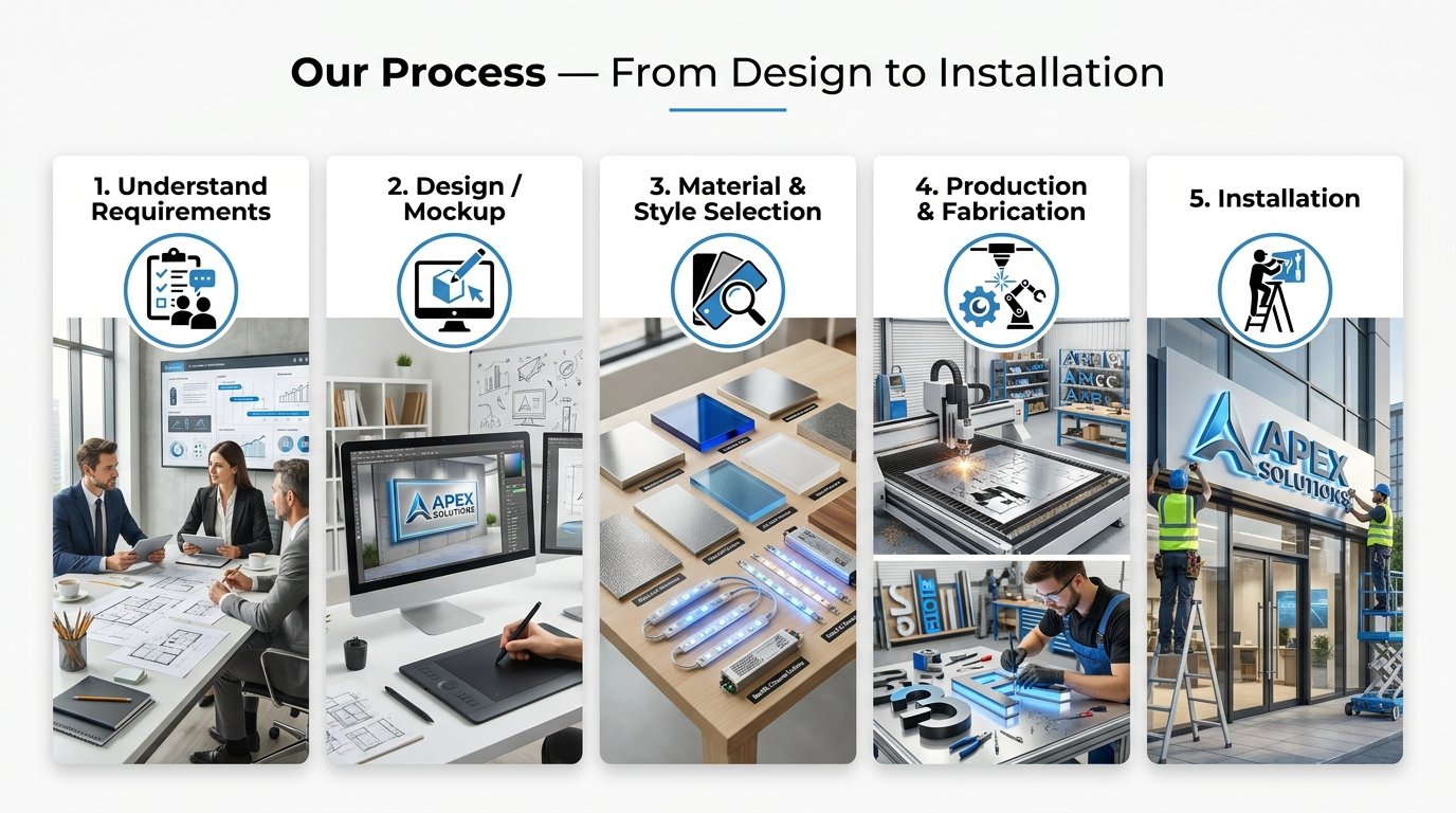 3D sign board process from design to installation including fabrication and setup steps