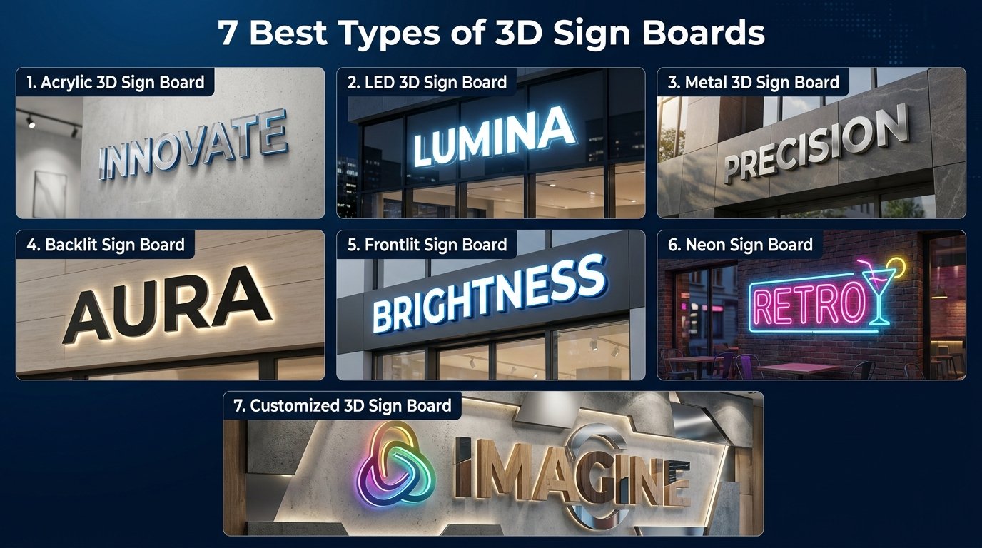 7 types of 3D sign boards including acrylic LED metal backlit frontlit and neon signage