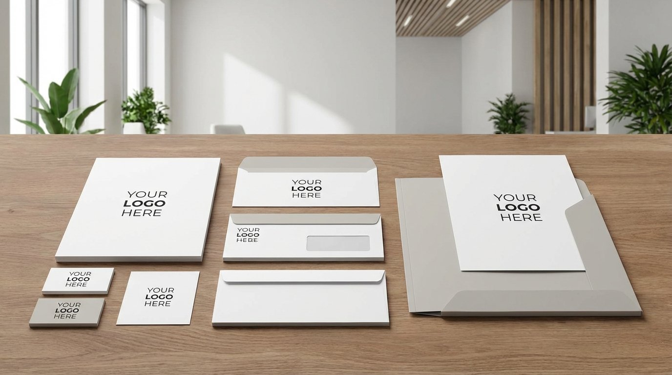 stationery printing in Lahore with letterhead, envelopes, visiting cards and file covers branding mockup