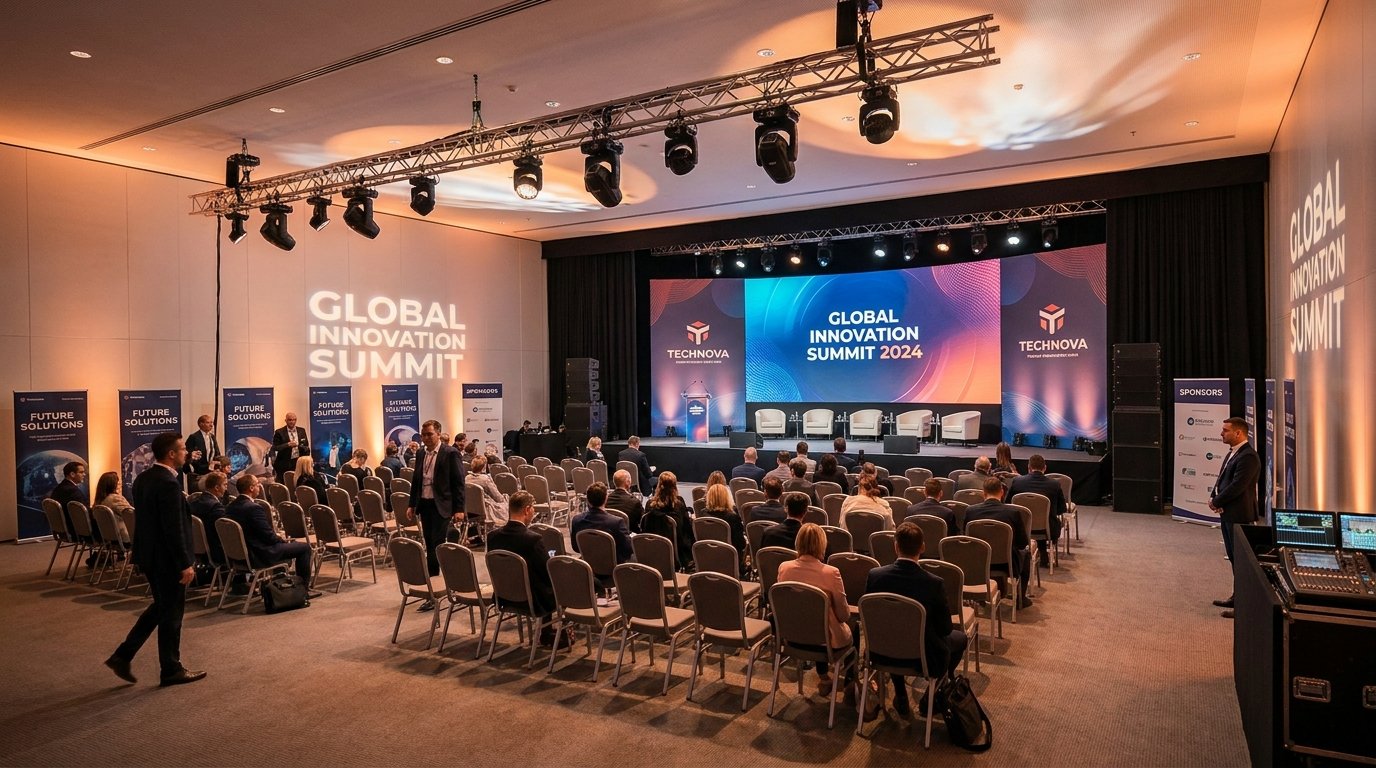 corporate event setup with stage backdrop LED screens seating and sound system
