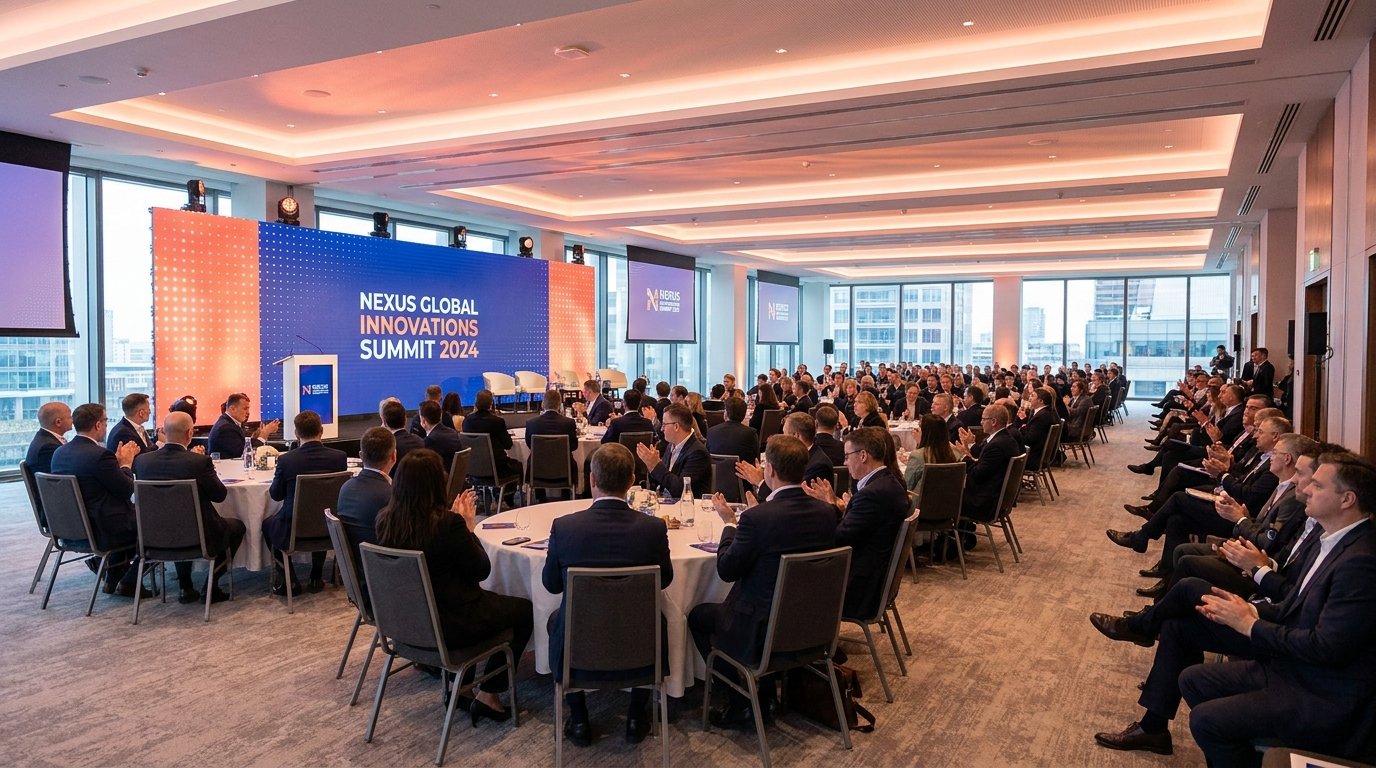 corporate event setup with audience engagement stage lighting and branding elements