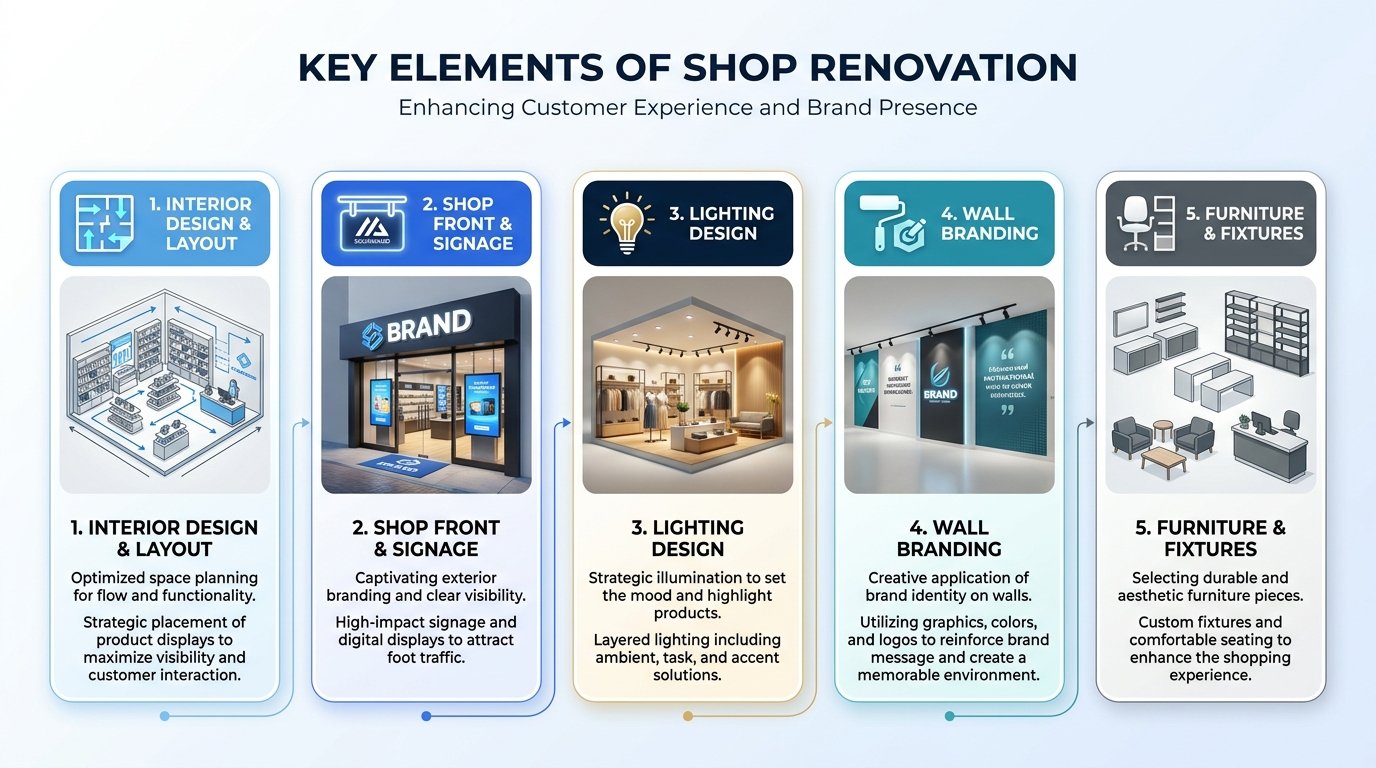 key elements of shop renovation including interior design, signage, lighting, wall branding and furniture layout