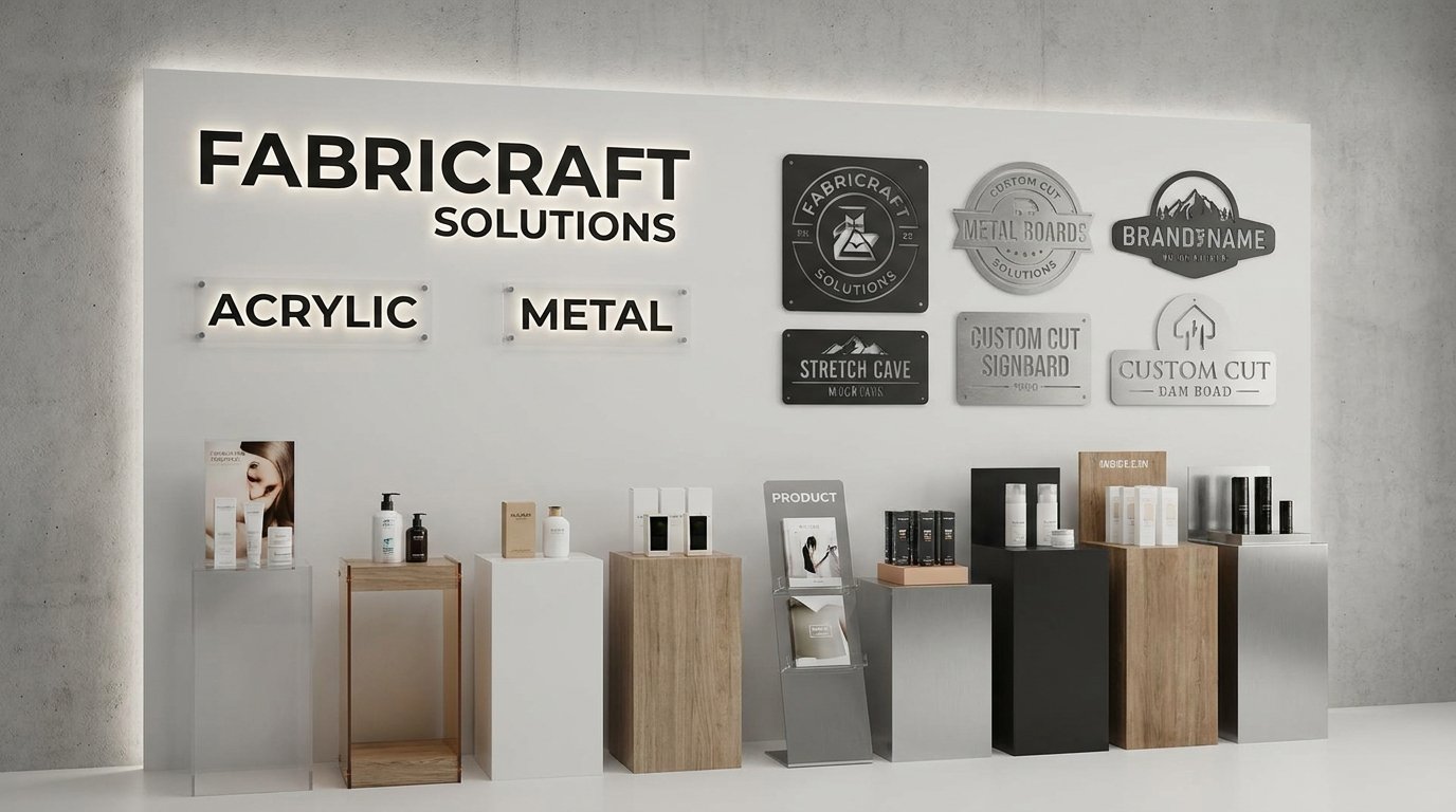 fabrication services including acrylic signs metal boards and display stands for business branding