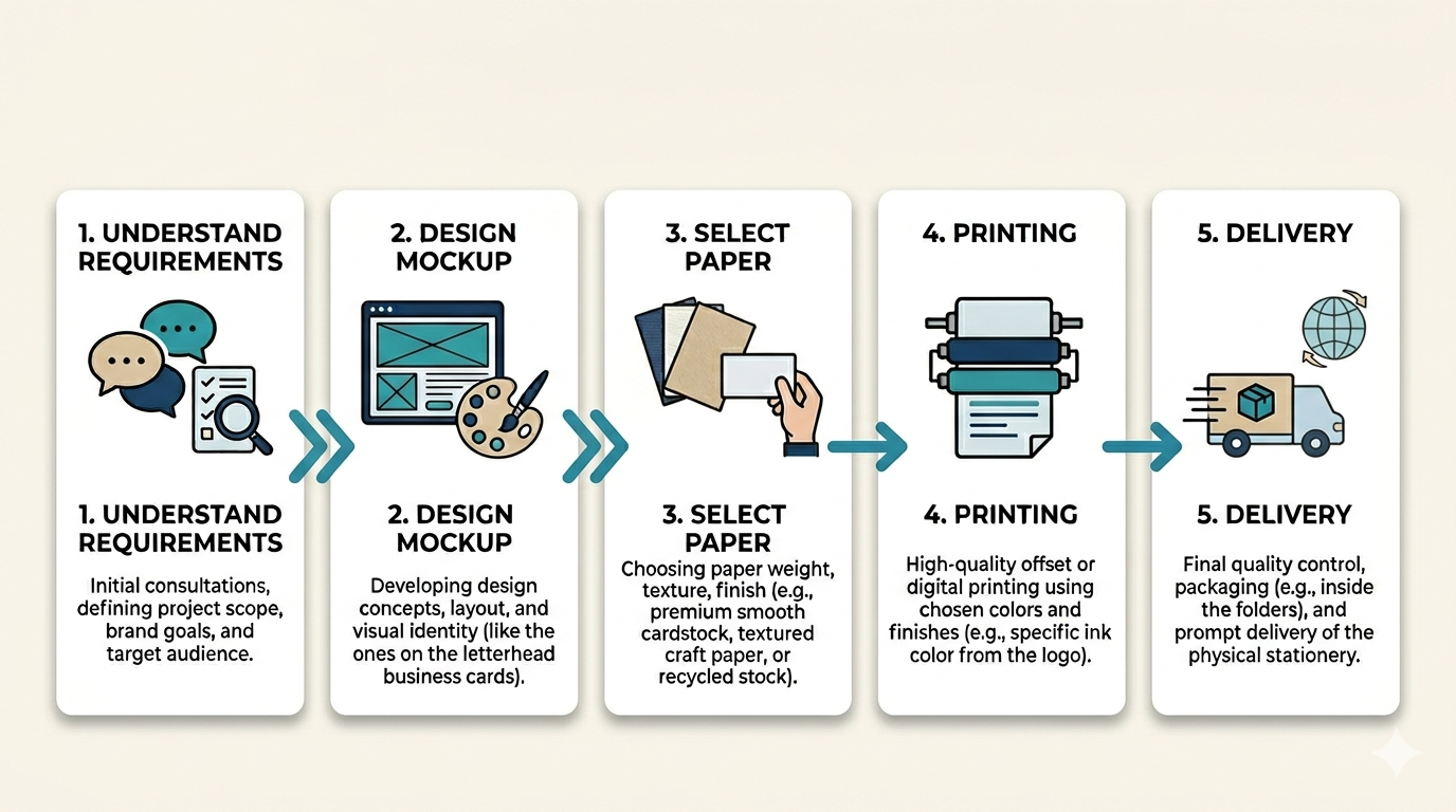 stationery printing process steps from design to delivery infographic