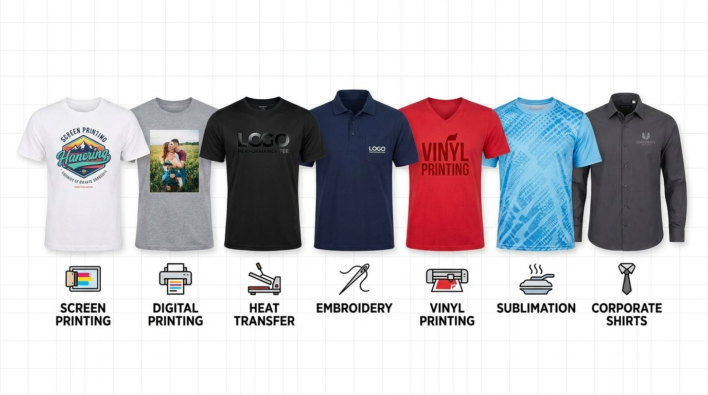 7 types of shirt printing in Lahore including screen printing DTG embroidery and sublimation
