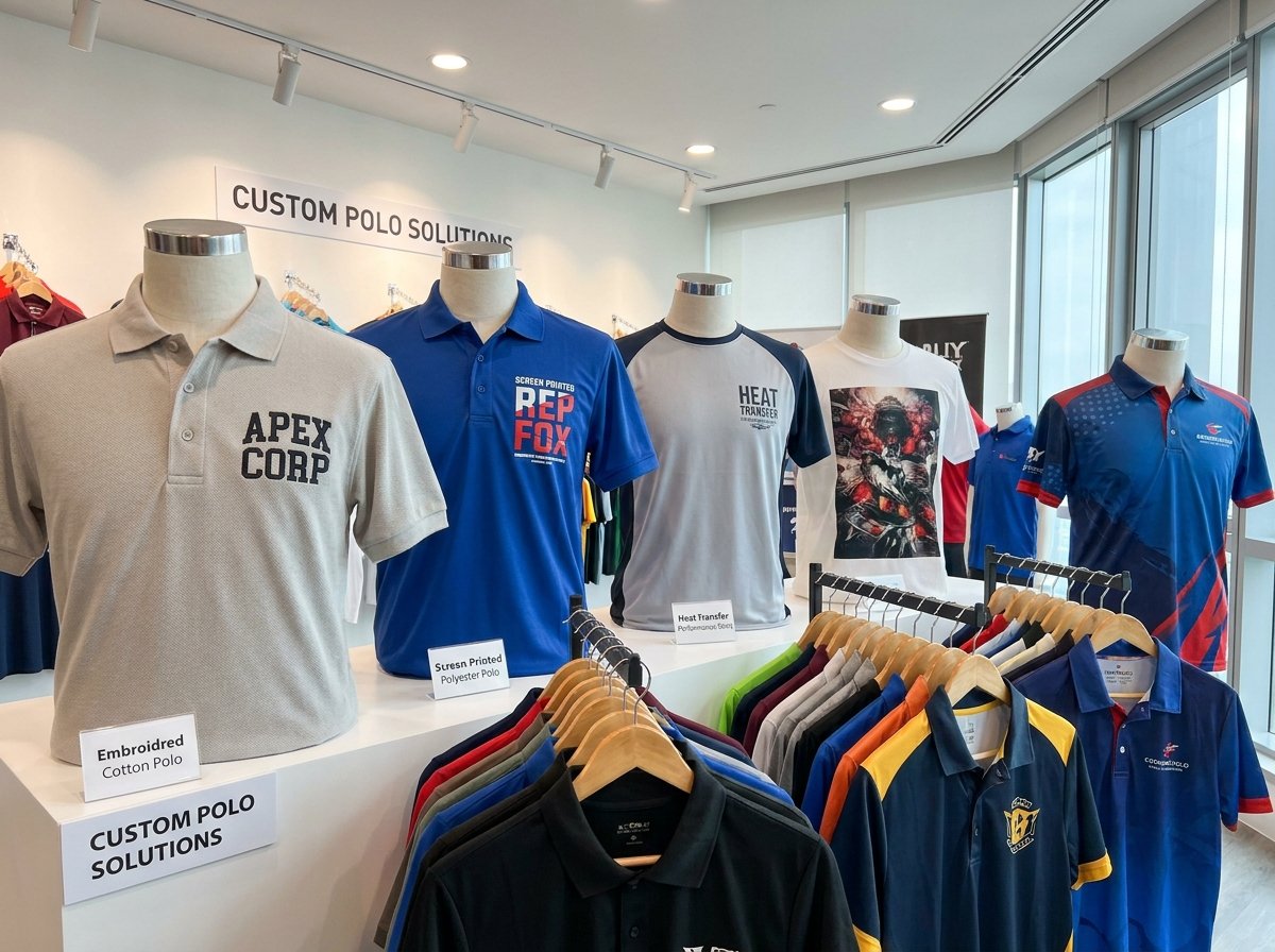 types of polo shirt printing in Lahore including embroidery screen printing and fabric options