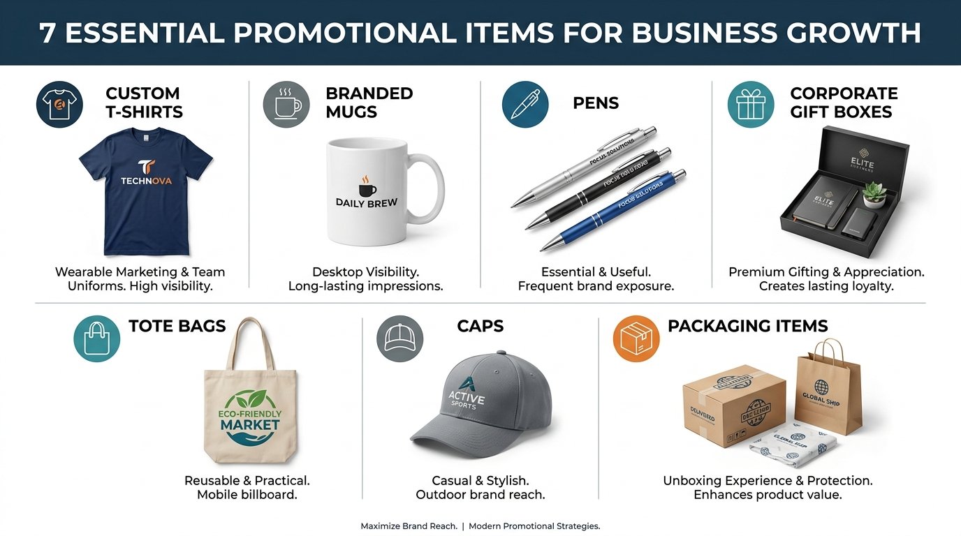 7 promotional items for business growth including t shirts mugs pens gift boxes bags and caps with branding